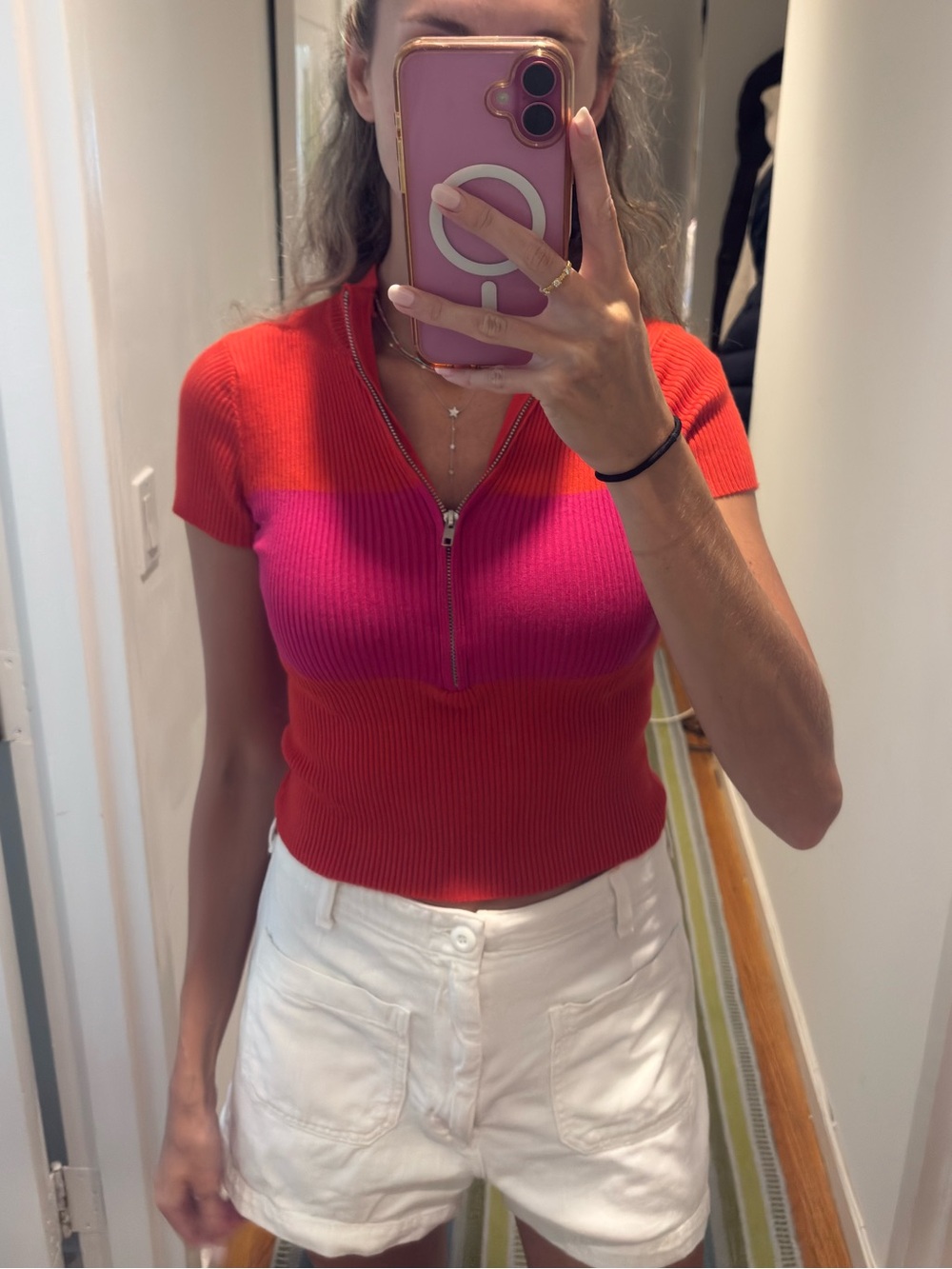superdown Red & Pink Zip Short Sleeve Crop Top